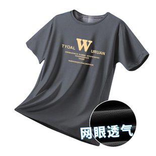 夏天男款冰丝网眼短袖t恤男休闲运动加肥加大胖子大码男装上衣潮