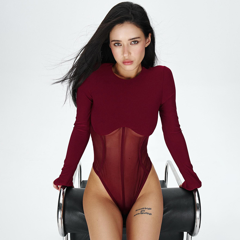 Y25BS439欧美女装秋季亚马逊新款圆领透视网纱拼接收腰长袖连体衣