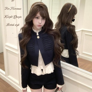 春季新款英伦风时尚套装短外套收腰显瘦马甲上衣高腰短裤四件套女