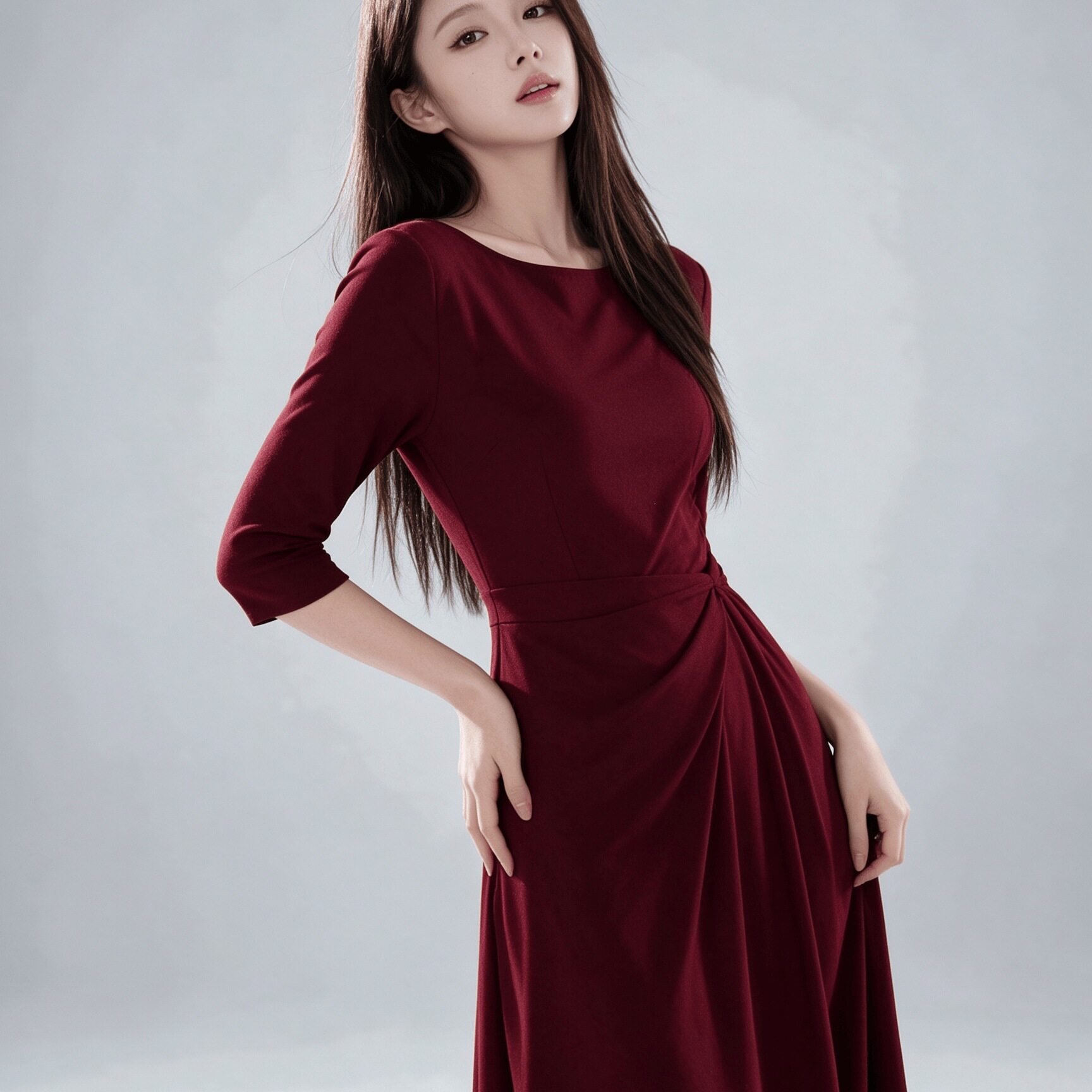 法式英伦秋冬显瘦结婚圆领长裙