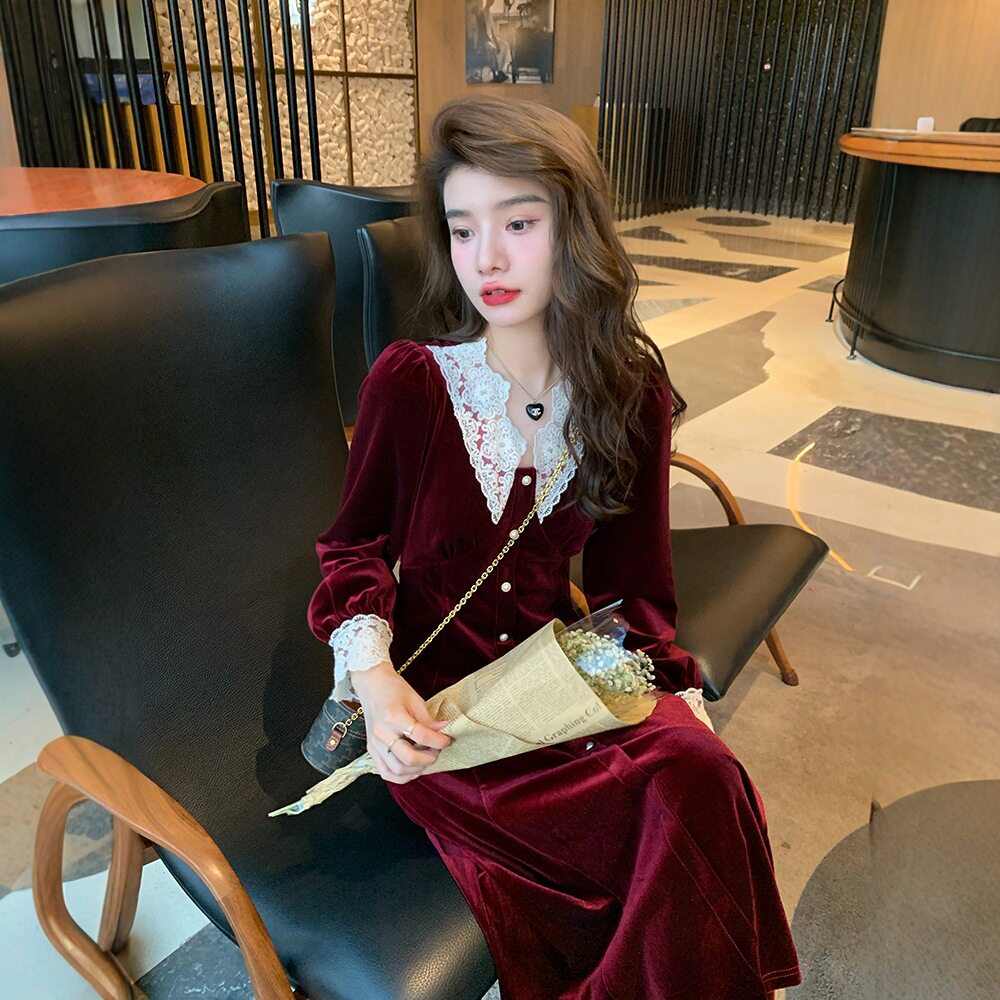 秋冬金丝绒加厚酒红V领连衣裙女