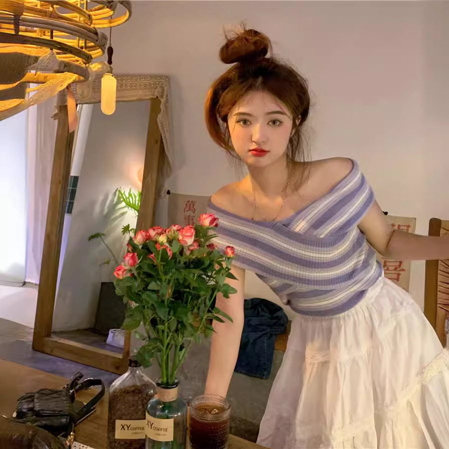 夏季纯欲一字肩条纹短袖T恤女