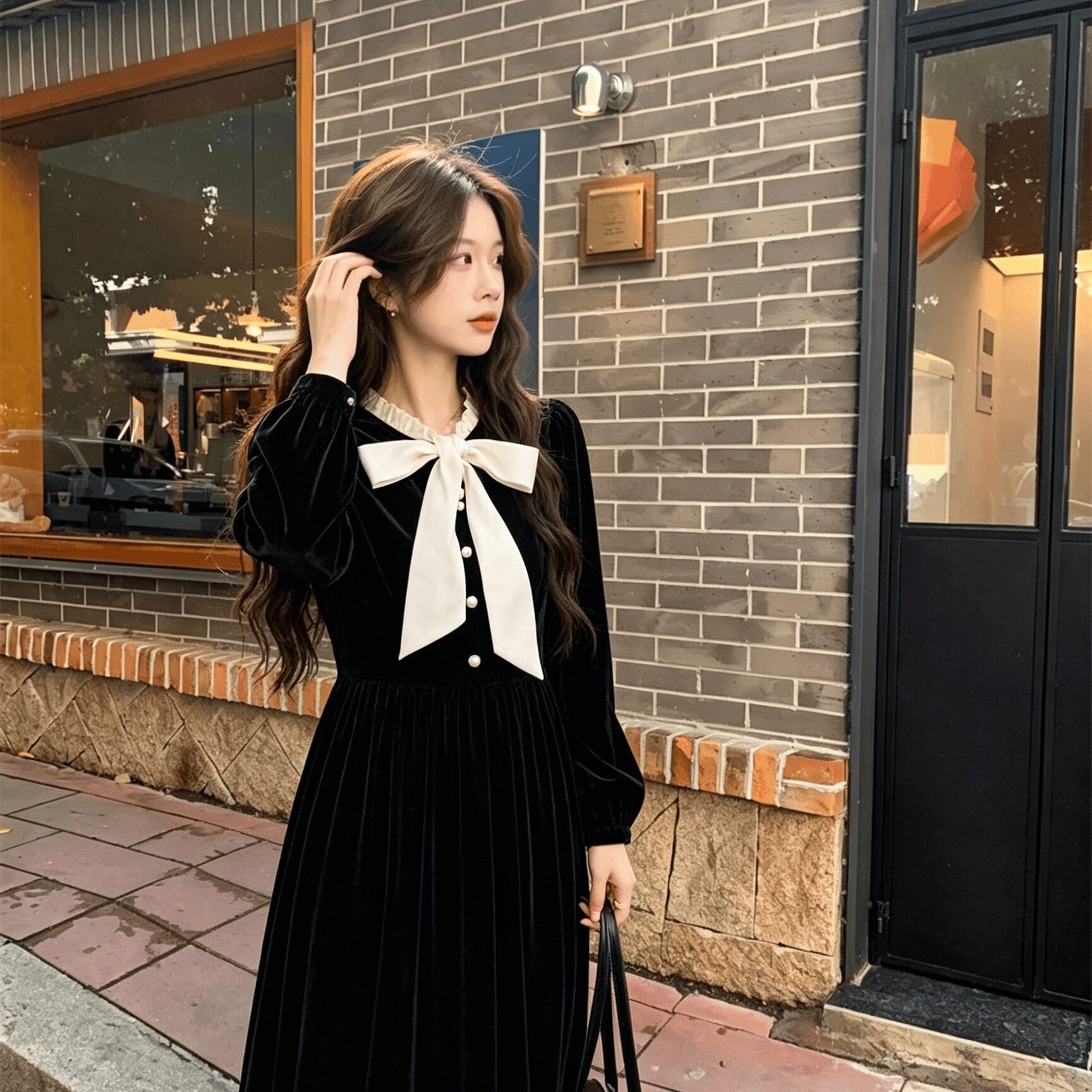 秋冬加绒法式蝴蝶结丝绒连衣裙女