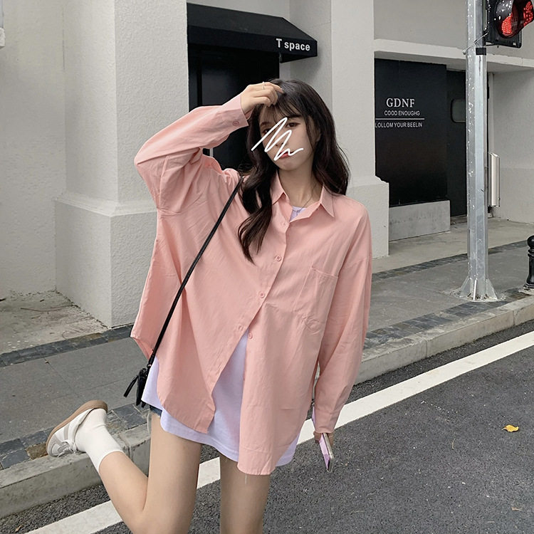 春秋韩版宽松粉色通勤衬衫外套女