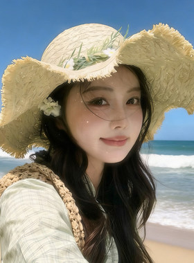 度假风大檐防晒草编花朵女草帽