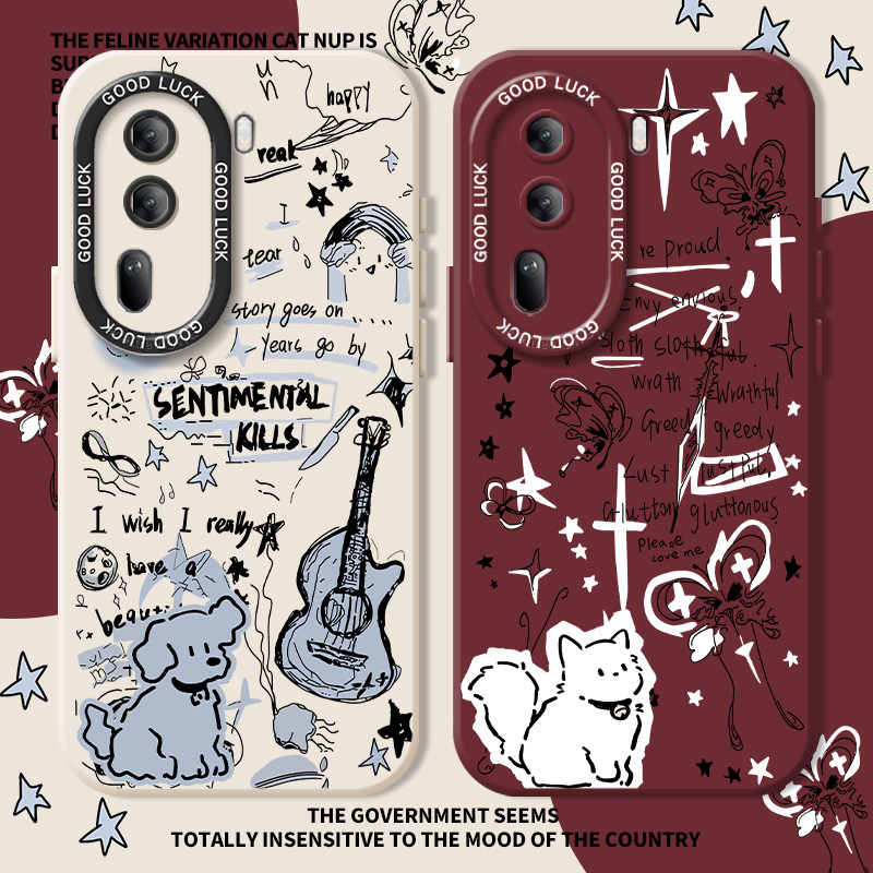 涂鸦吉他手机壳适用opporeno15情侣14/findx9pro/findx8猫咪k12小狗11蝴蝶13高级感9新款7男女6/5+4se潮牌3/2