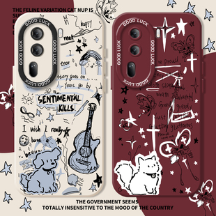 涂鸦吉他手机壳适用opporeno15情侣14/findx9pro/findx8猫咪k12小狗11蝴蝶13高级感9新款7男女6/5+4se潮牌3/2