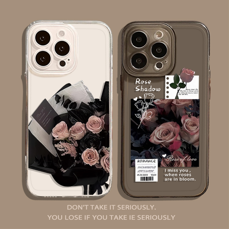 粉色玫瑰花透明透黑手机壳