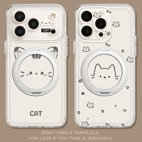 适用苹果线条小猫支架手机壳
