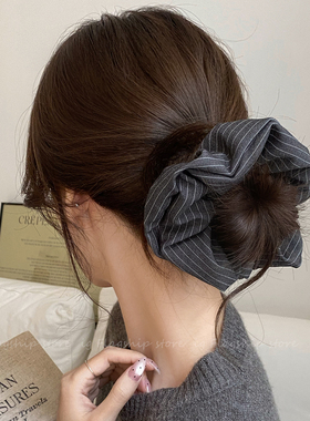 秋冬韩系灰色条纹大肠发圈女慵懒感气质高级盘发低丸子头马尾头绳