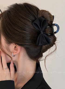 气质优雅黑色布艺发夹女蝴蝶结马尾中号发卡鲨鱼夹盘发抓夹发饰