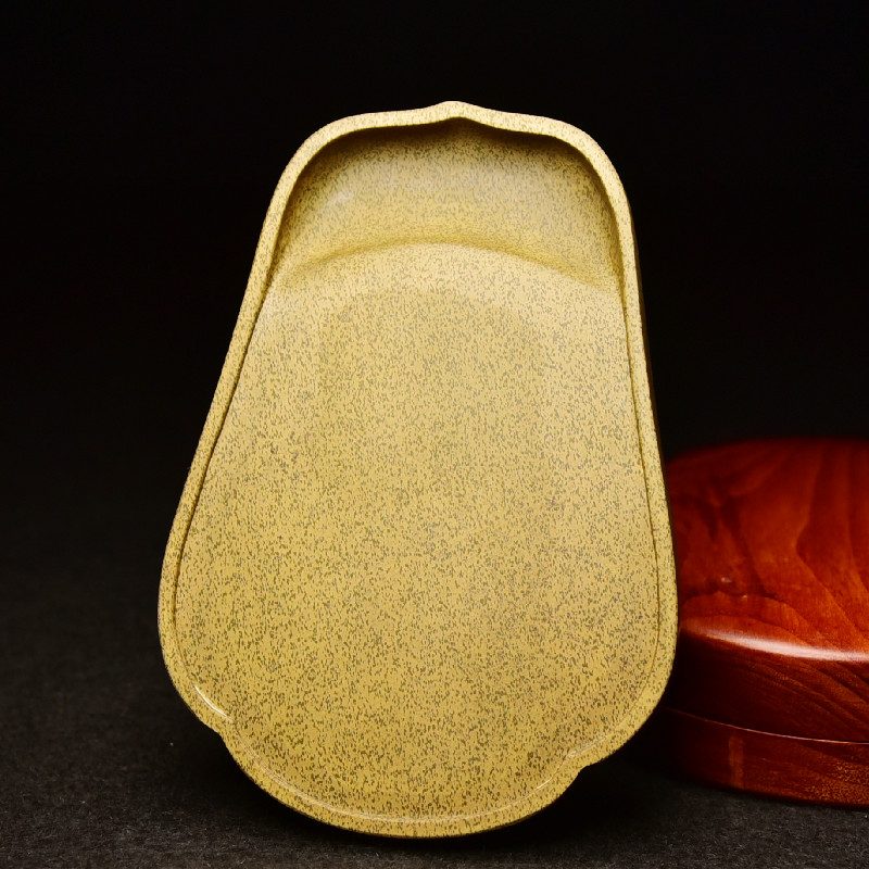 联星非遗名师方荣作品歙砚仿古素砚老坑黄鱼籽金晕天然纹理原石龙尾山手工雕刻腰圆砚台收藏礼品书画送礼佳品