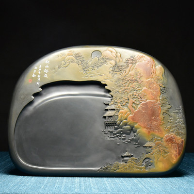 联星 匠心非遗传承人歙砚名师吴荣泉作品《新安古韵》手工雕刻匠心孤品龙尾山老坑金晕籽料原石收藏送礼佳品