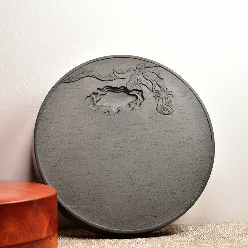 名师张子坚歙砚匠心制砚圆形素砚/清莲/小楷抄写经龙尾砚老坑乌钉螺纹