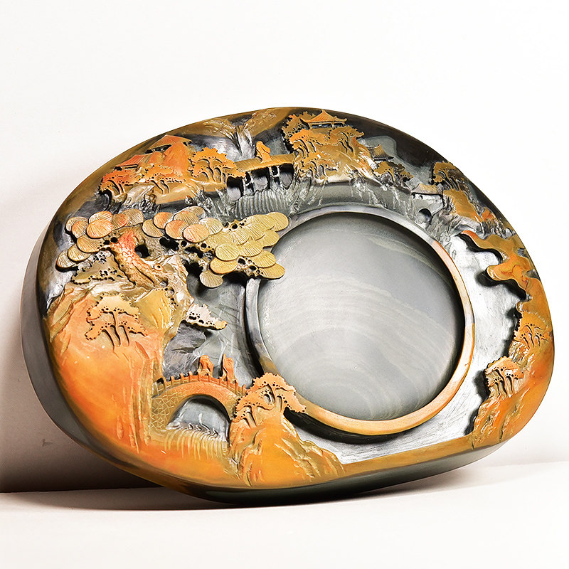 国家非遗传人名师张子坚亲制雕刻山水类名砚作品天然原石金皮籽料