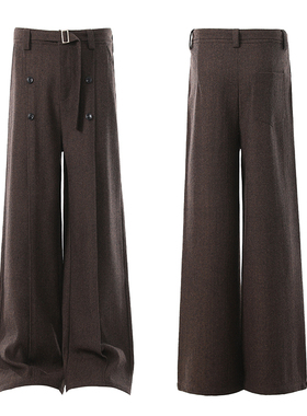 复古老钱风双扣扣羊毛休闲西裤男宽松百搭垂感cleanfit直筒阔腿裤