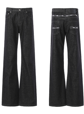 美式复古荆棘刺绣黑牛痞帅牛仔裤男女宽松休闲阔腿cleanfit微喇裤