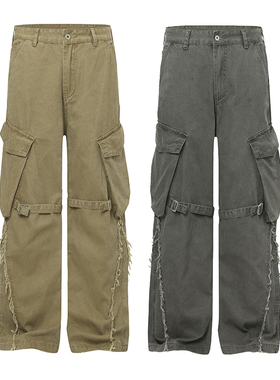 美式复古水洗多口袋工装牛仔裤男女宽松设计感阔腿直筒裤子休闲裤