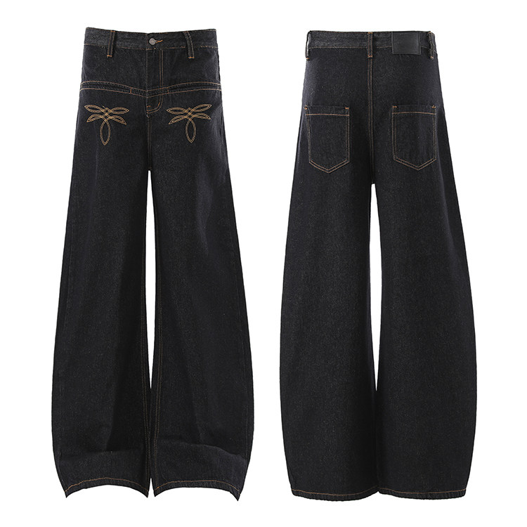 美式复古重磅原牛刺绣弯刀牛仔裤男女宽松vintage休闲阔腿长裤子