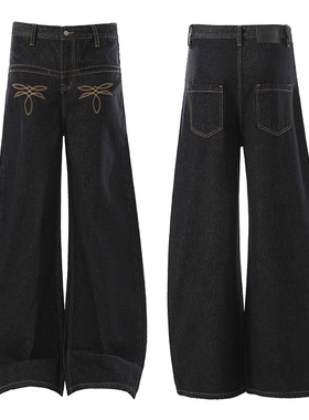 美式复古重磅原牛刺绣弯刀牛仔裤男女宽松vintage休闲阔腿长裤子