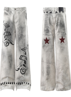 美式复古小众设计感水洗脏染音符直筒休闲裤男女宽松休闲阔腿裤子