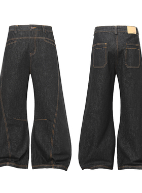 美式复古水洗原色重工拼接辑明线弯刀牛仔裤男女宽松百搭直筒裤子