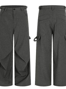 美式复古打褶条纹立体小众高级感廓形休闲西裤男女宽松垂感长裤潮