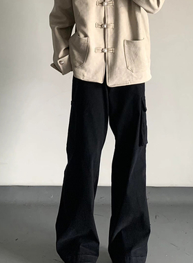 美式复古多口袋工装裤男cleanfit百搭宽松休闲直筒微喇阔腿长裤子