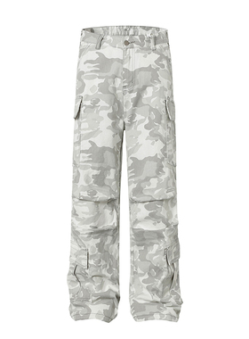 美式复古水洗雪地迷彩直筒Voguo工装裤男女多口袋微喇阔腿休闲裤