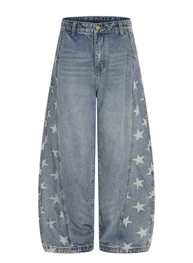 美式复古水洗铆钉星星印花牛仔裤男女宽松百搭阔腿弯刀裤做旧长裤