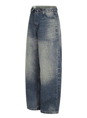 美式复古设计翻腰牛仔裤男女百搭猫须cleanfit宽松阔腿直筒长裤子