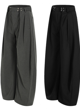 美式复古条纹打褶廓形直筒弯刀垂感西裤男女宽松休闲通勤阔腿裤子