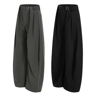 子 男女宽松休闲通勤阔腿裤 美式 复古条纹打褶廓形直筒弯刀垂感西裤