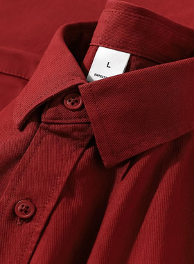 安可拉红!复古纯棉酒红色红色长袖衬衫男女休闲开衫衬衣外套