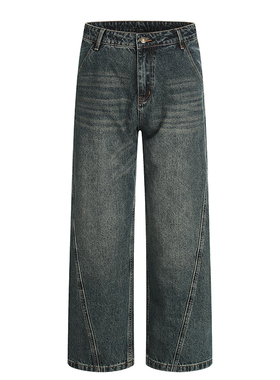 美式复古水洗做旧直筒牛仔裤男女宽松百搭cleanfit显高阔腿长裤子