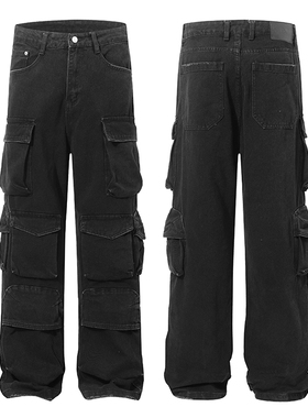 美式复古水洗炮弹多口袋工装牛仔裤男街头vibe宽松休闲直筒阔腿裤