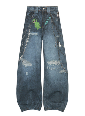 美式复古水洗破洞印花牛仔裤男女宽松设计感街头风阔腿弯刀拖地裤