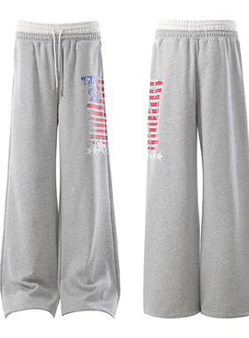 美式复古简约双腰头抽绳加绒加厚休闲卫裤男女宽松运动垂感长裤子