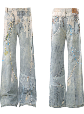 美式复古水洗做旧3D链条印花直筒牛仔裤男女设计感休闲阔腿弯刀裤