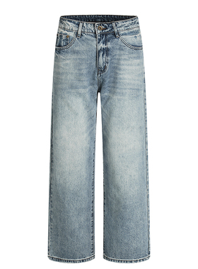 美式复古水洗直筒牛仔裤男女渐变磨边宽松休闲cleanfit阔腿长裤子