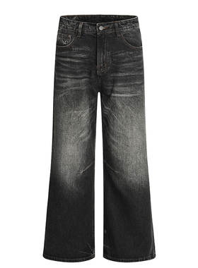 美式复古做旧水洗猫须黑牛直筒微喇裤男女宽松休闲A字显高牛仔裤