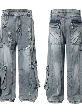 美式重工多口袋破磨破工装牛仔裤男女高街解构设计感阔腿直筒裤子