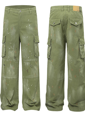 美式复古泼墨破洞军绿色休闲裤男女潮流设计感宽松口袋直筒工装裤