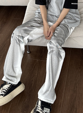 美式复古做旧脏染白色牛仔裤男痞帅宽松休闲vibe直筒阔腿长脏脏裤