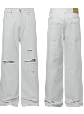 美式复古水洗破洞cleanfit直筒白色牛仔裤男女宽松休闲显瘦拖地裤