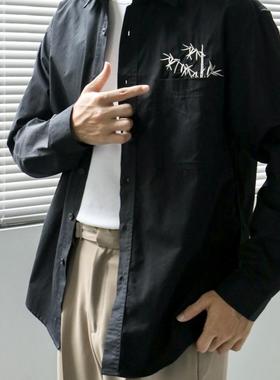 2025秋季新款中国风竹子刺绣休闲衬衫男士高级感潮流宽松百搭衬衣