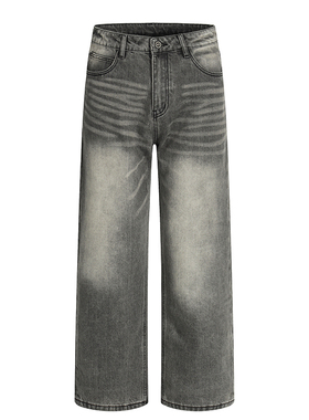 美式复古水洗做旧猫须牛仔裤男宽松显瘦百搭cleanfit高街直筒长裤