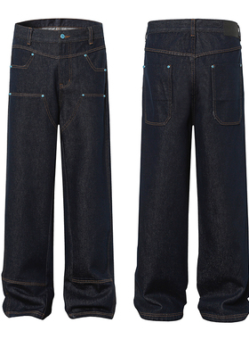 美式复古设计感伐木水洗牛仔裤男高街痞帅宽松休闲直筒阔腿长裤子