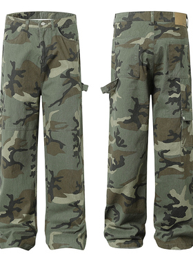 美式复古设计感迷彩工装裤宽松微喇直筒阔腿多口袋宽松显高休闲裤