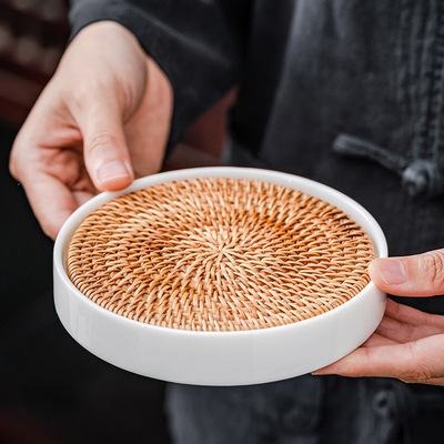 手工藤编壶承白瓷茶承垫盖碗底托